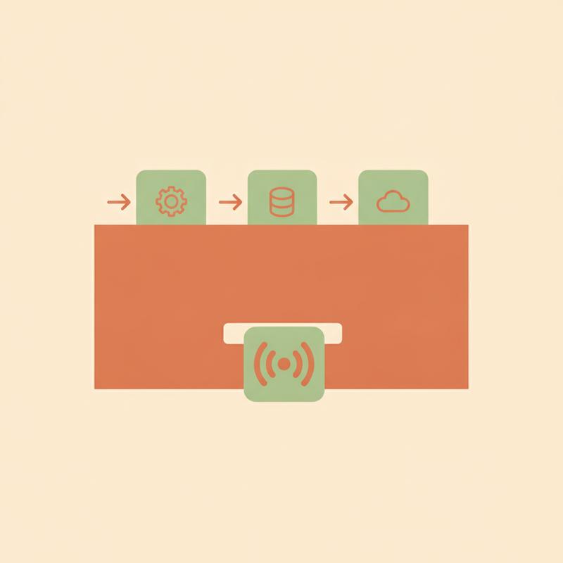 A minimalist illustration of an abstraction layer wall with interchangeable modules feeding through to a single application