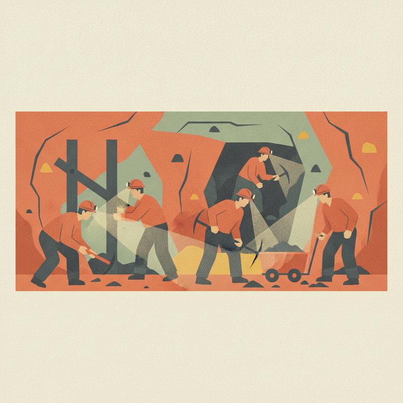 Warm editorial illustration referencing coal miners underground working without supervision, in muted terracotta and sage tones