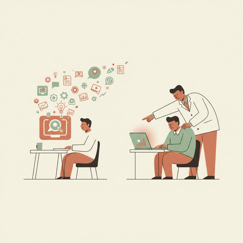 Split editorial illustration of an autonomous AI agent working alone beside a manager hovering over an employee's shoulder