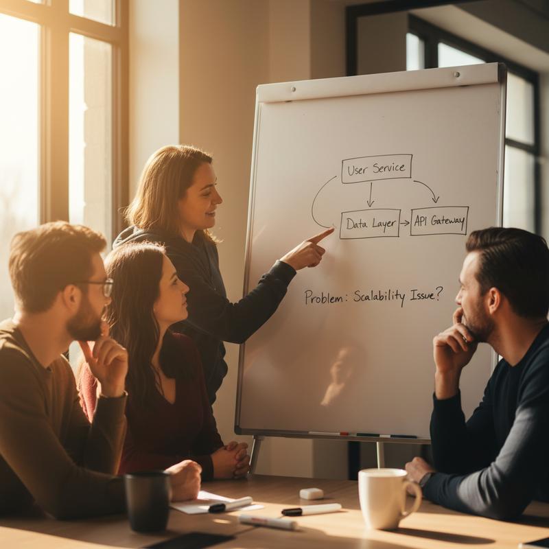 A small team genuinely collaborating around a whiteboard on a real problem, no Kanban boards or metrics in sight