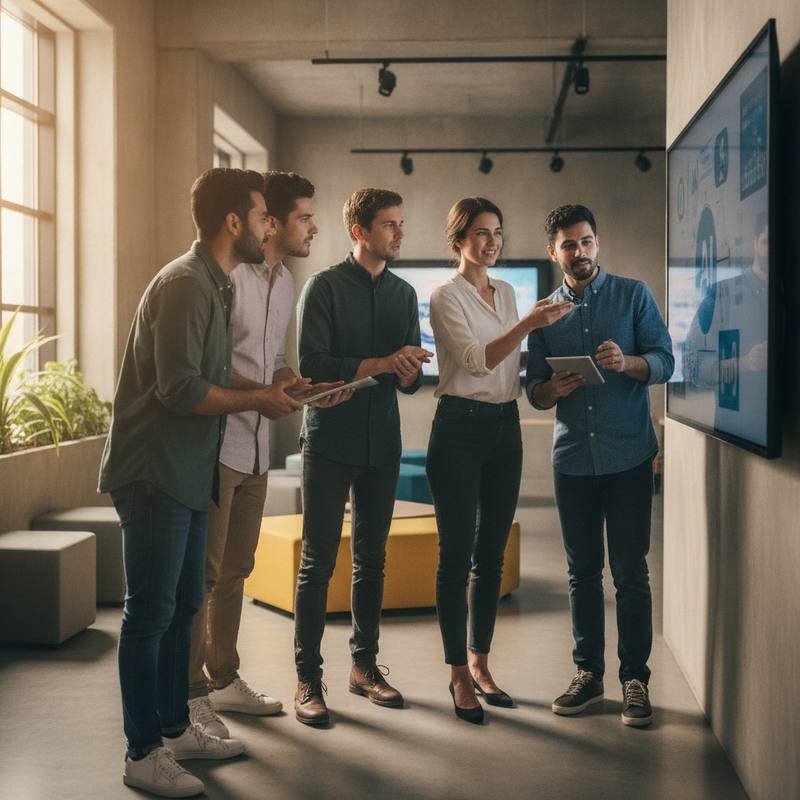 A leader coaching a diverse team collaboratively around AI tools on a shared screen in a modern open office