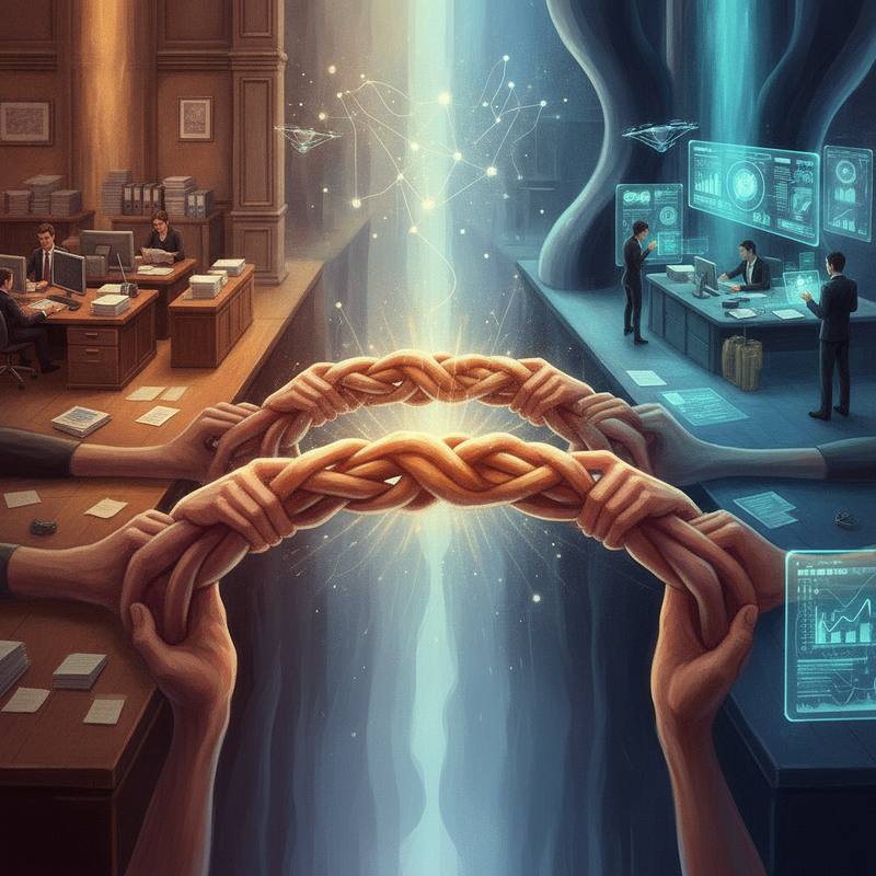 Human hands forming a bridge between a traditional office and a futuristic AI-powered workspace