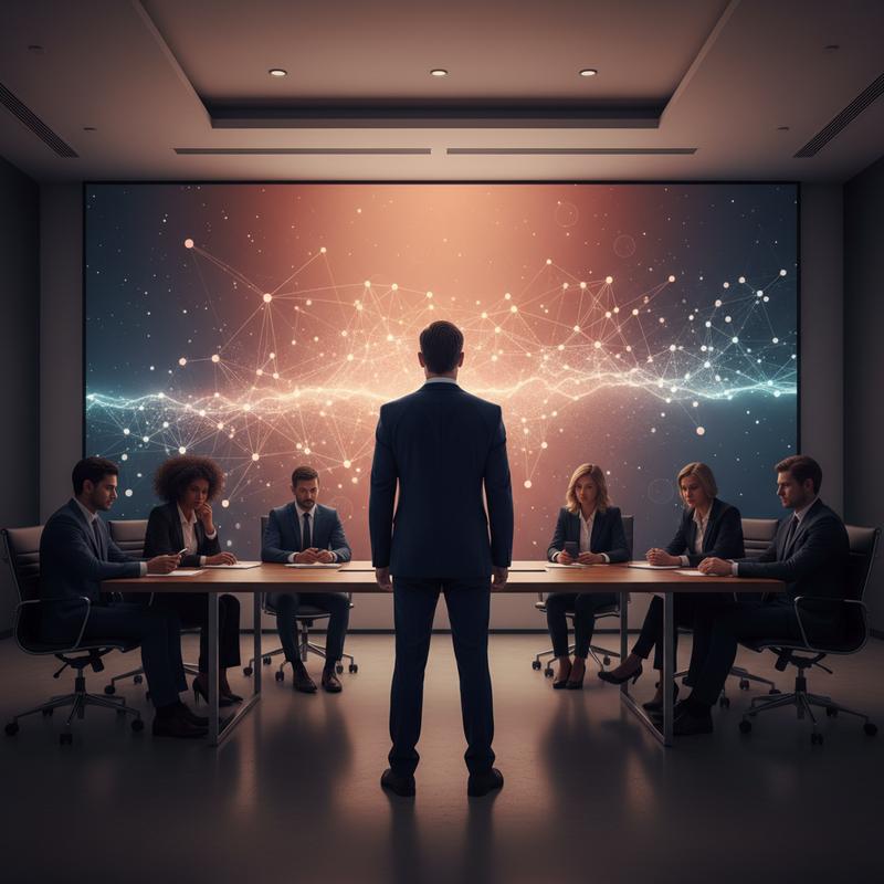 A leader stands before a boardroom screen showing an AI agent network while the team looks uncertain behind them