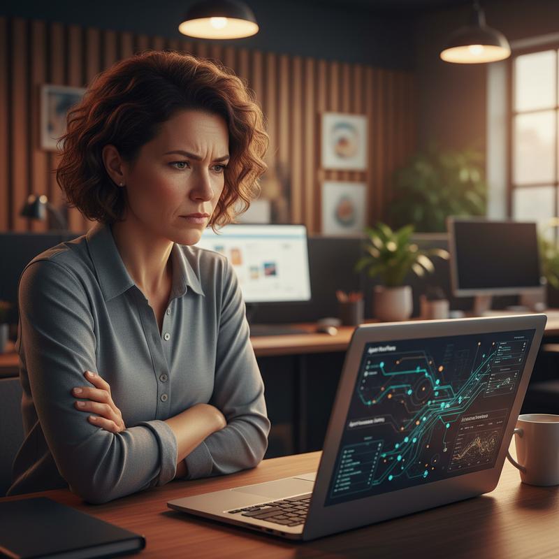 A skeptical manager sitting with arms crossed looking at an AI performance dashboard on her laptop