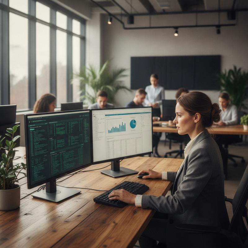 A professional at a dual-monitor workstation with AI agent dashboards alongside regular business software
