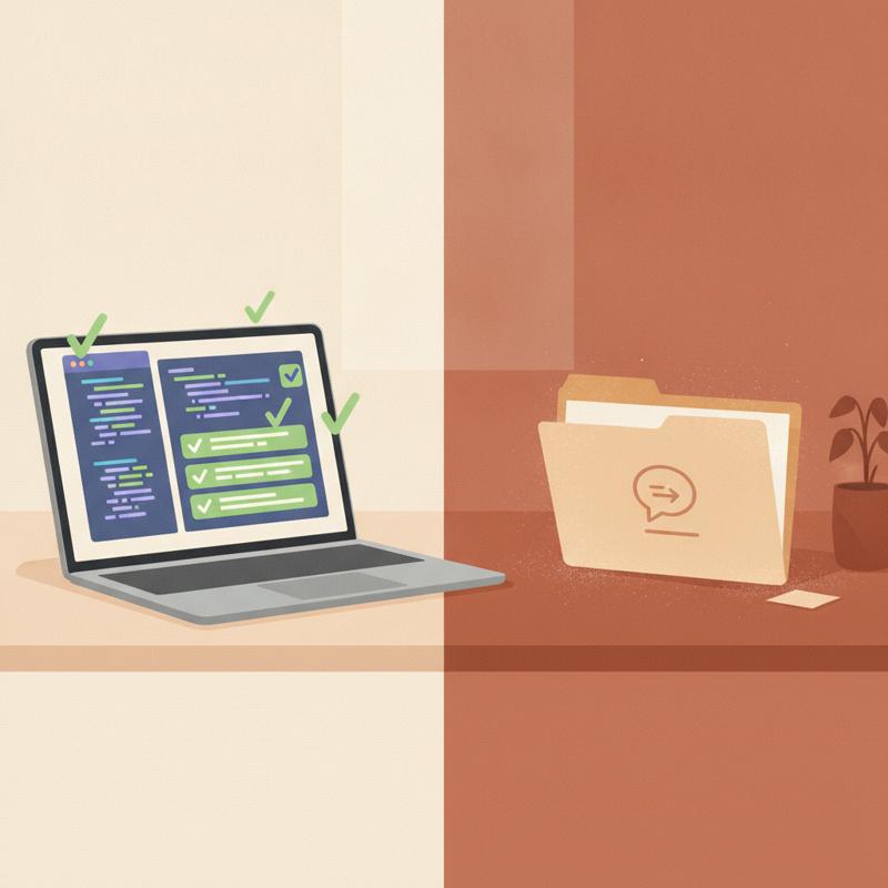 A split screen showing an automated code review dashboard on one side and an empty, dusty employee feedback folder on the other
