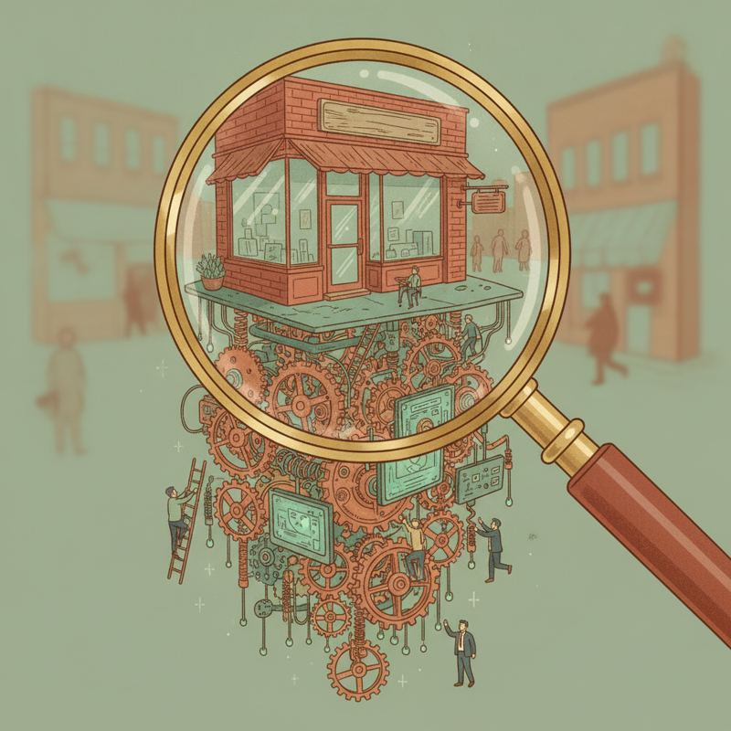 A magnifying glass over a small storefront revealing gears and circuits underneath
