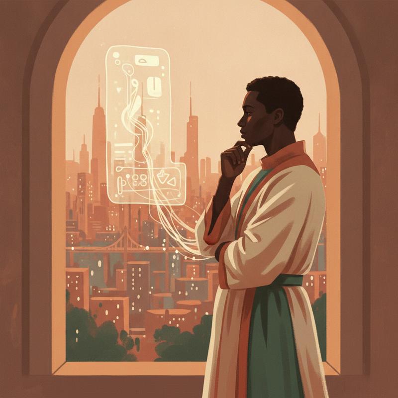 A leader stands at a window overlooking a dusk skyline, a translucent AI interface glowing beside them