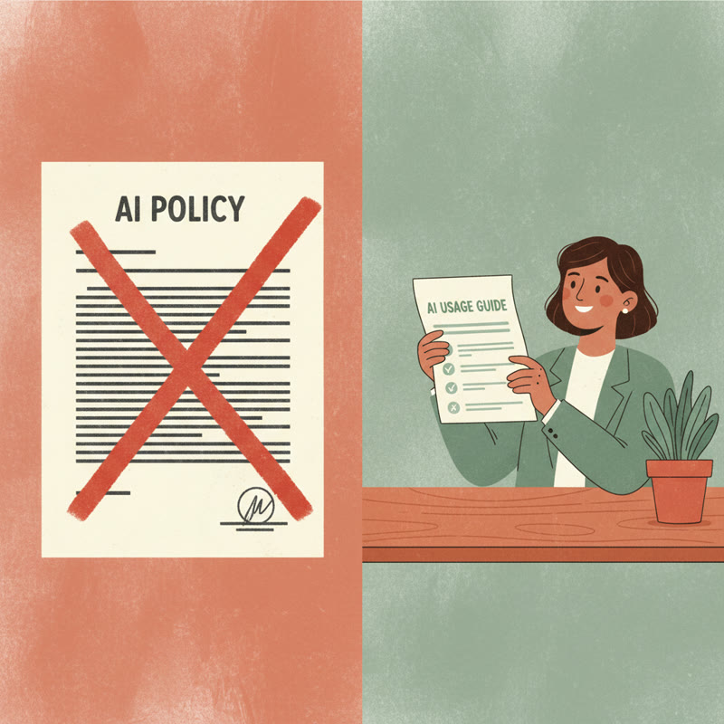 A split image showing a banned AI policy document on one side and a confident leader holding a clear AI usage guide on the other