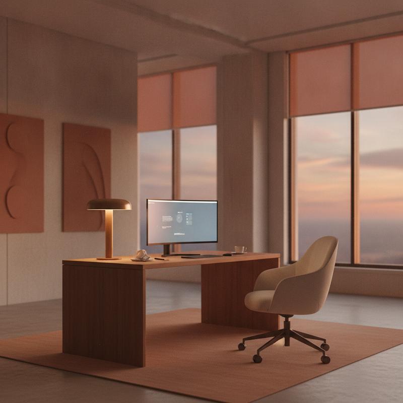 A wide, dusk-lit shot of an empty office, one lamp on, a chair pushed back from a still-glowing monitor