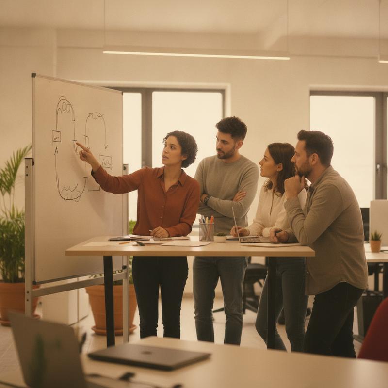Four engineers gather around a whiteboard covered in a rough loop diagram, mid-discussion