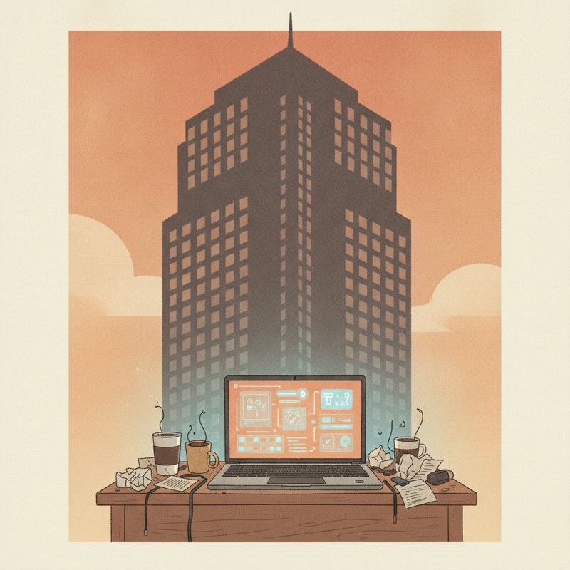 A tiny startup desk with a glowing laptop set against a towering corporate skyscraper