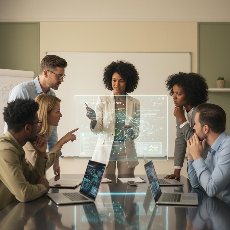 A confident leader demonstrating AI tools to an engaged, collaborative team