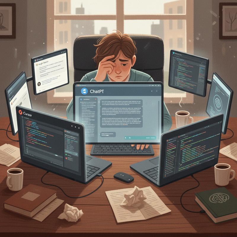 A developer surrounded by multiple AI tool interfaces on different screens, looking tired and unconvinced