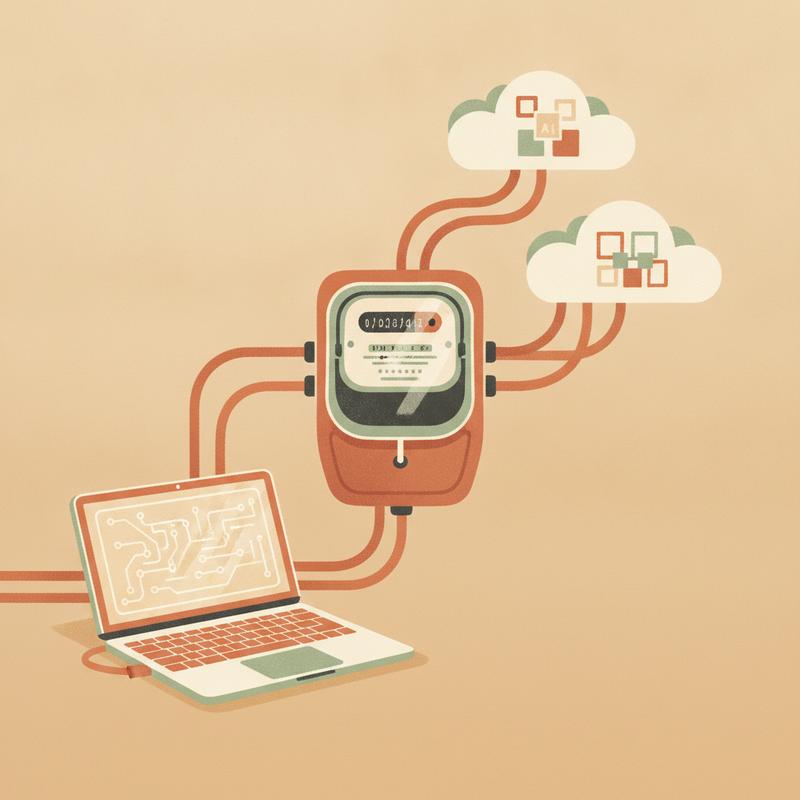 An electricity meter wired into a laptop and cloud servers, representing AI tools becoming metered infrastructure