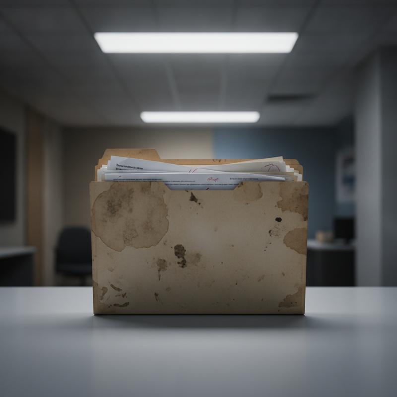 A worn manila folder stuffed with performance review paperwork sits alone on an empty desk under fluorescent light