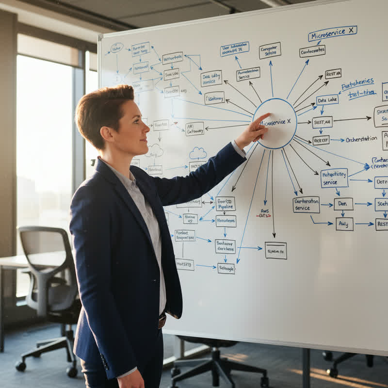 A software architect sketching system design on a whiteboard, deeply engaged in technical work