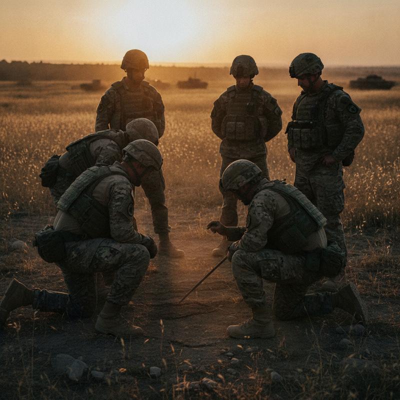 Soldiers debrief in a circle in a field at dusk, one sketching in the dirt with a stick