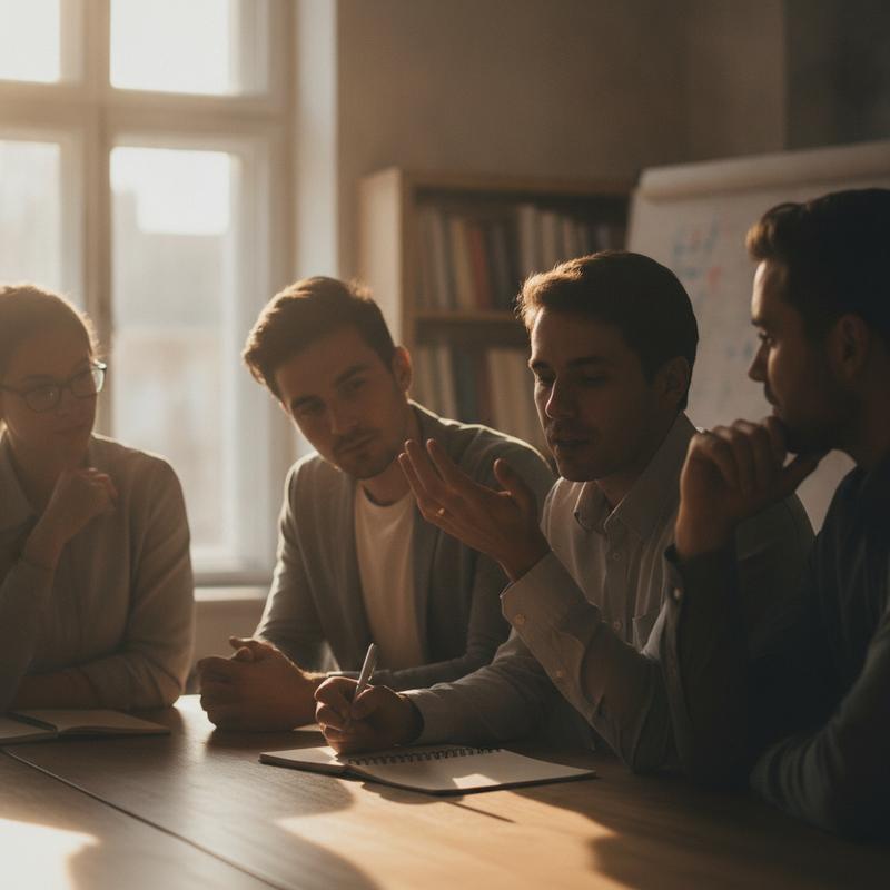 A small team leaning in and listening intently during a quiet office huddle