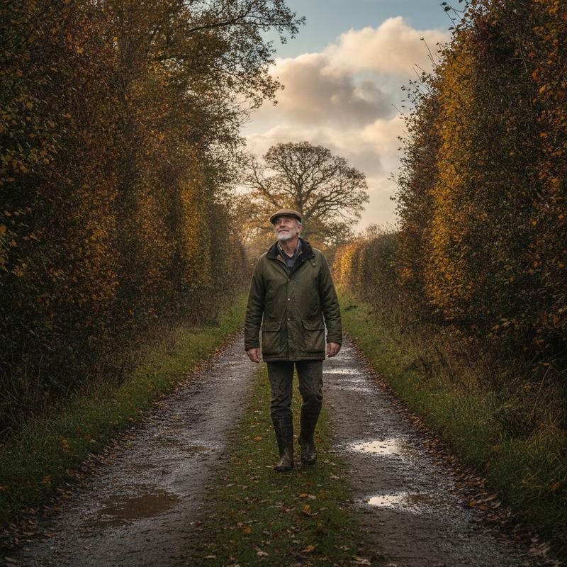 A grey-haired man in a waxed jacket walking along a muddy country lane in autumn, looking up at the sky
