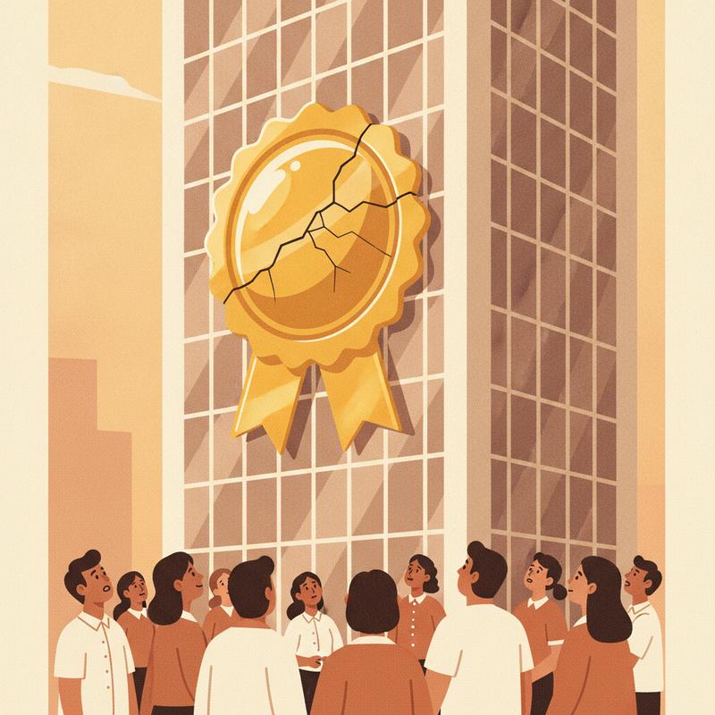 A large gold rosette badge with a crack running across it, pinned to a glass office tower while people in the street look up