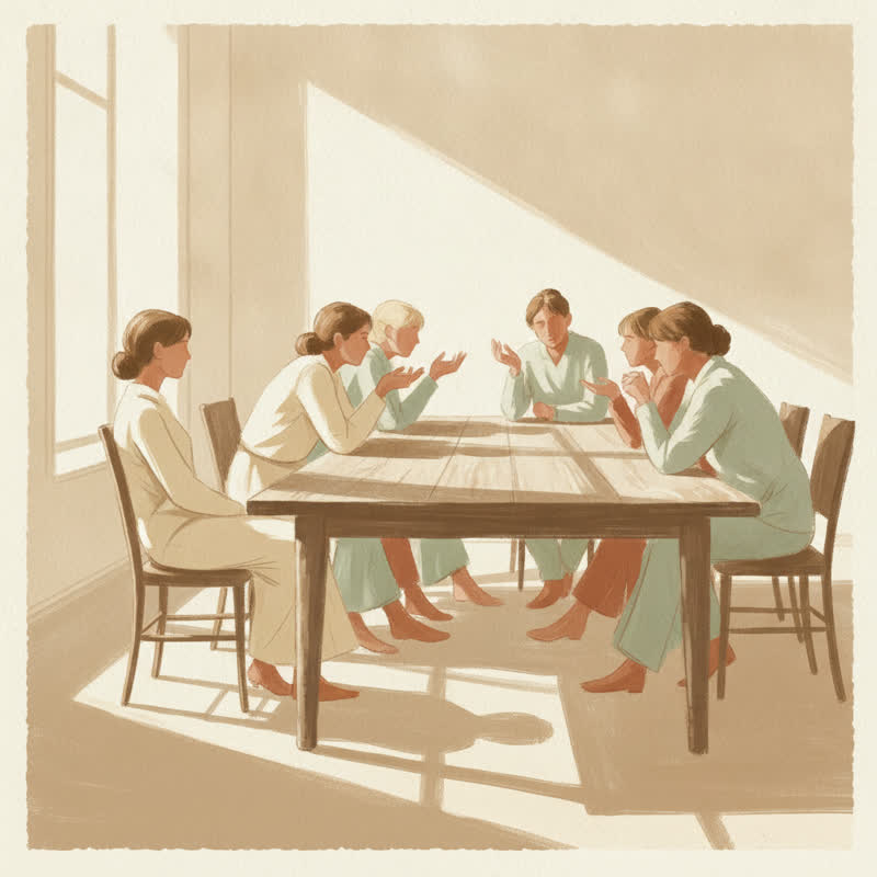 Illustration of a long meeting table with six colleagues leaning into conversation while one person sits slightly outside the circle