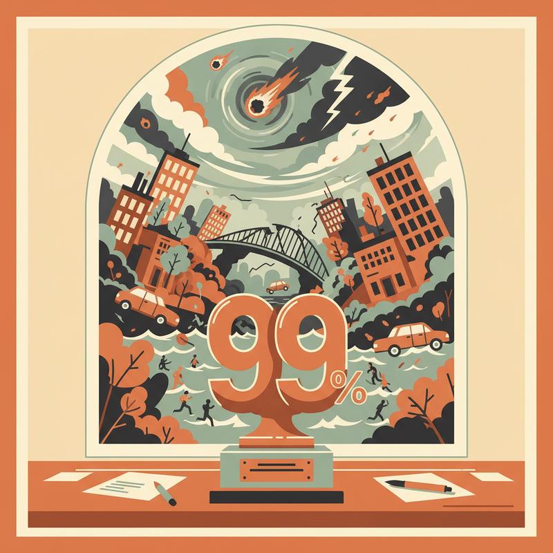 A trophy labeled 99% while chaos unfolds in the world outside the window