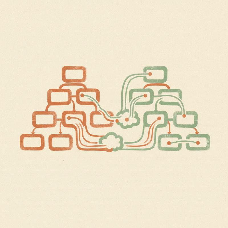An org chart of stacked boxes morphing into a software architecture diagram, the two shapes mirroring each other