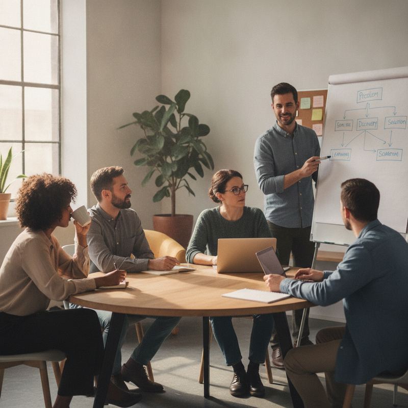 A small team gathered around a table in a blameless retrospective, one person standing and pointing at a whiteboard diagram