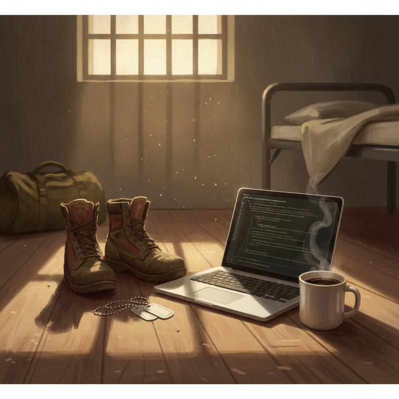 Combat boots and dog tags resting beside a laptop and a cup of coffee in early morning light