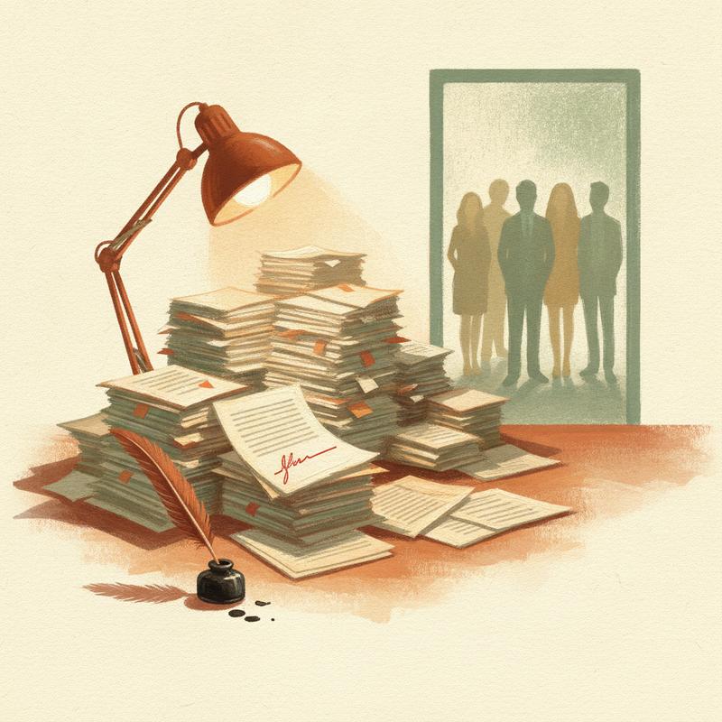 Illustration of a lone desk lamp lighting a huge stack of unsigned paperwork while colleagues wait outside a glass office door