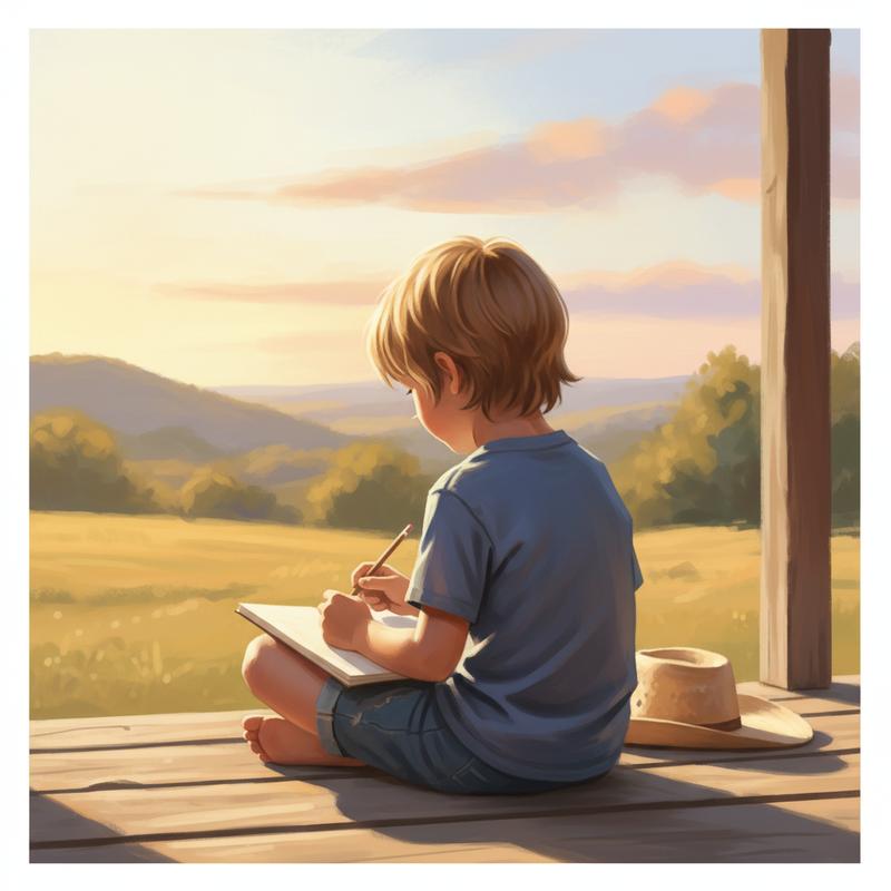 A small boy sitting on a wooden porch in golden hour light, sketchbook in hand