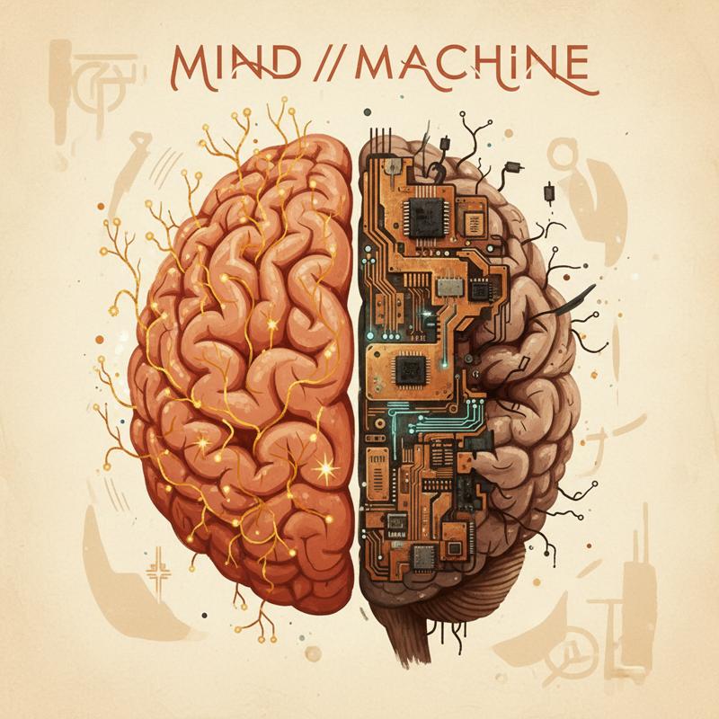 A brain split in half: one side vibrant with neural connections, the other dim and replaced by circuit boards