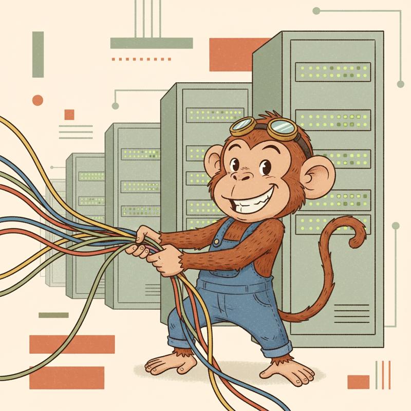 A friendly cartoon chaos monkey tugging at server cables in a data centre