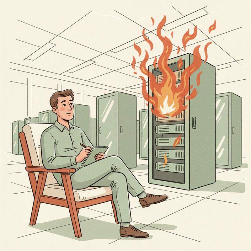 A calm engineer in a data centre taking notes while a single server bursts into flames