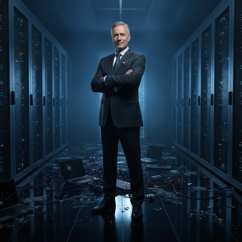 A confident leader stands in a server room, broken tech scattered around them