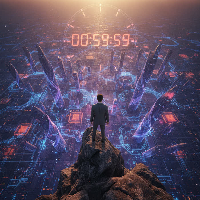 A business professional standing at the edge of a cliff above a glowing AI circuit grid, with a countdown timer visible in the sky