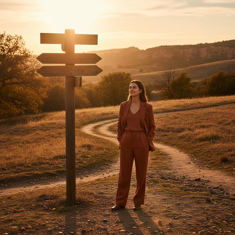 Person standing at a crossroads sign with multiple directions, warm golden hour light, terracotta tones