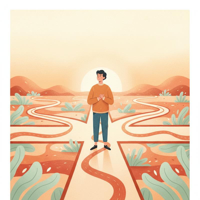 A person standing confidently at a crossroads with multiple winding paths ahead