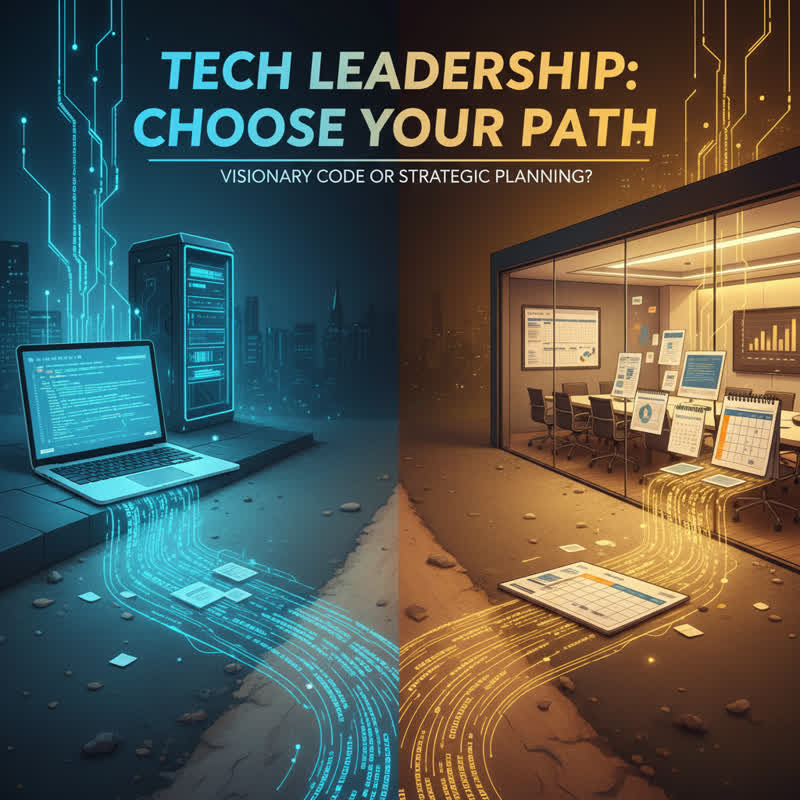 An engineer standing at a career crossroads, choosing between writing code and attending meetings