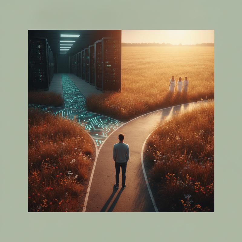 A person standing at a fork in the road, one path leading toward a server room, the other opening into a sunlit field with people walking together