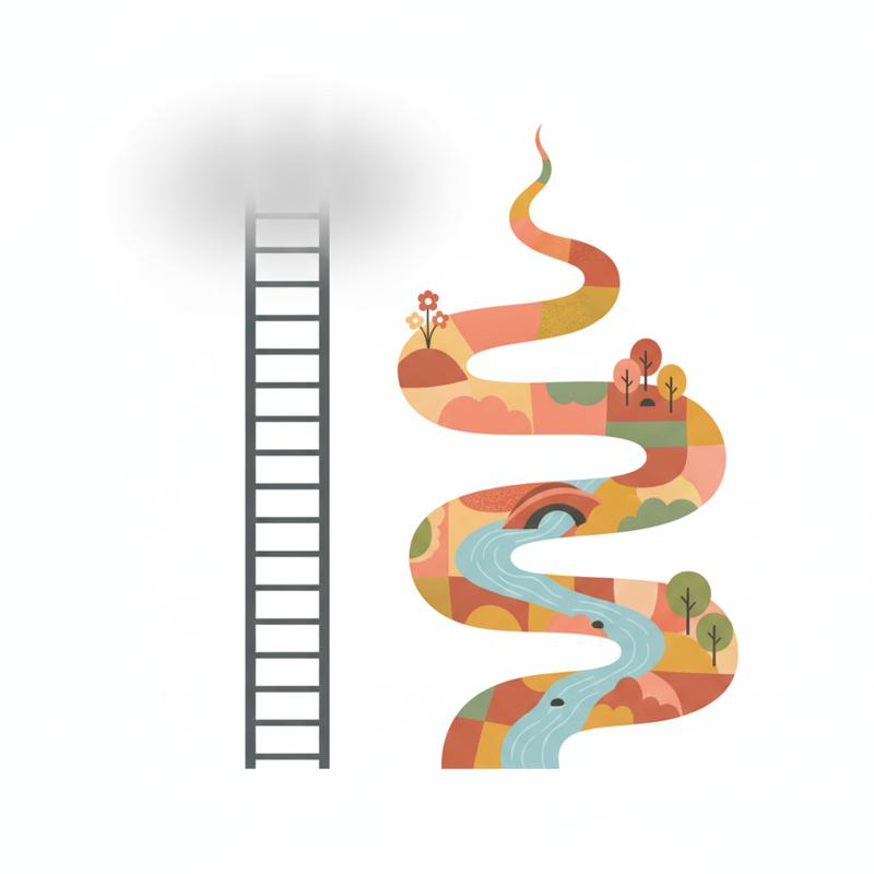 A minimal illustration contrasting a rigid straight ladder disappearing into grey fog versus a colorful winding path full of scenery and life