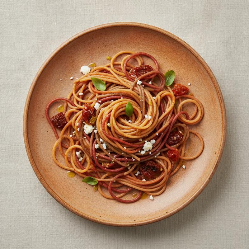 A plate of tangled spaghetti pasta shot from above, a visual metaphor for the non-linear career path