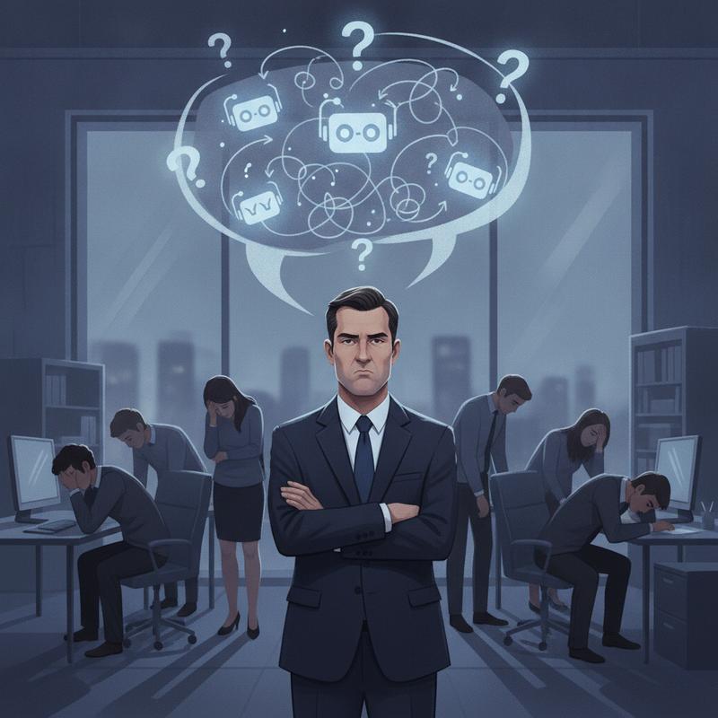 A CEO looking skeptical with arms crossed while their deflated team sits behind AI workflow diagrams