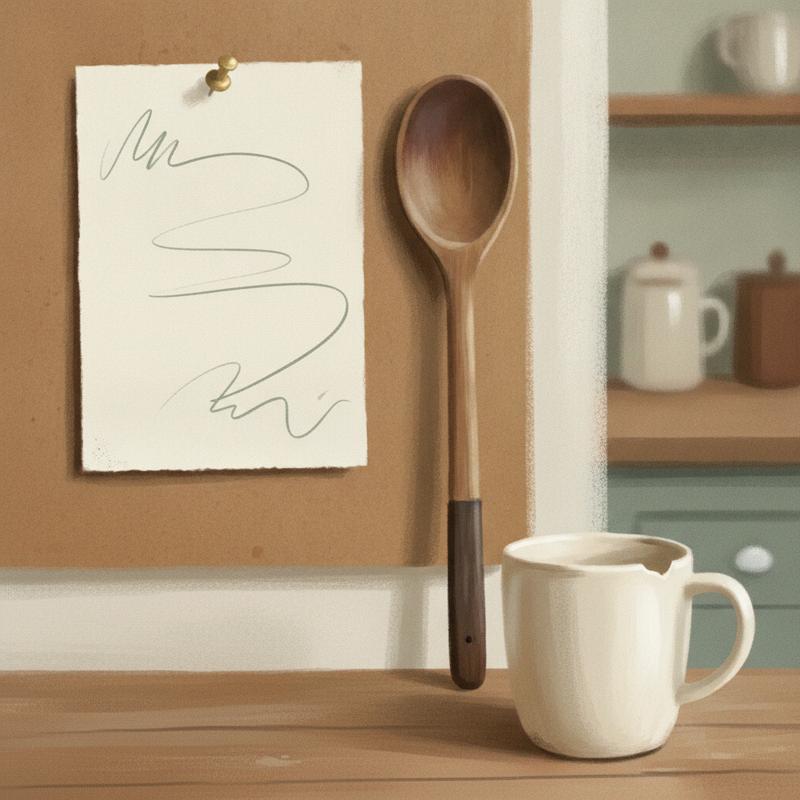 A blank handwritten recipe card pinned to a corkboard above a kitchen worktop, beside a wooden spoon and a chipped mug