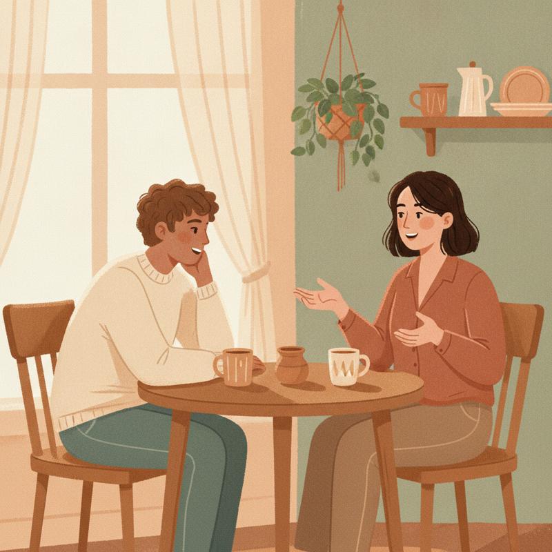 Two colleagues sitting at a small kitchen table with mugs of tea, one leaning forward and listening closely while the other speaks with open hands