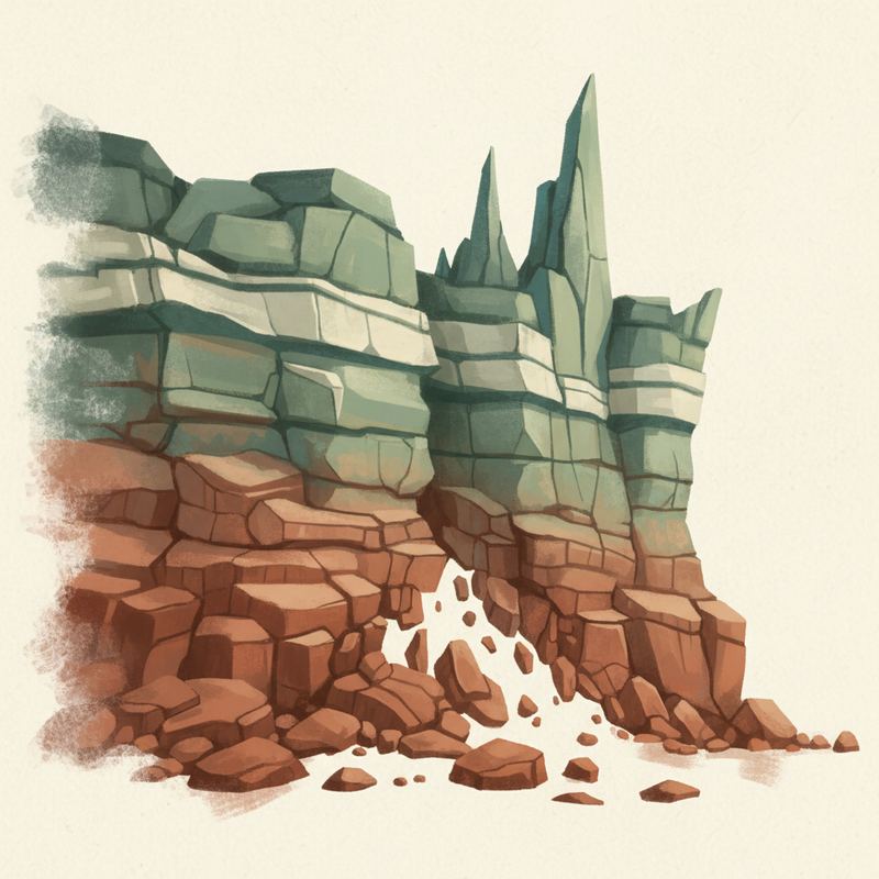 A weathered cliff edge made of stacked sedimentary rock layers showing erosion over time