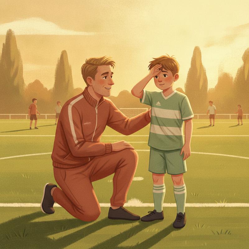 A soccer coach kneeling pitch-side, talking encouragingly to a young player in golden hour light