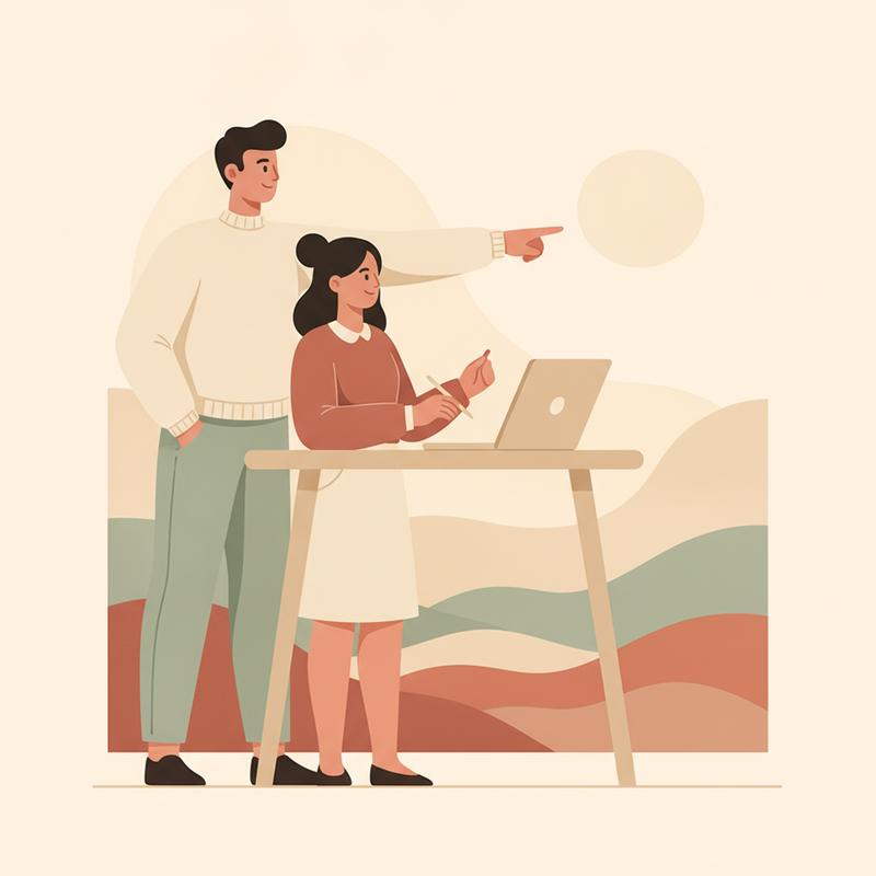 A mentor pointing forward alongside a colleague, looking toward the horizon together