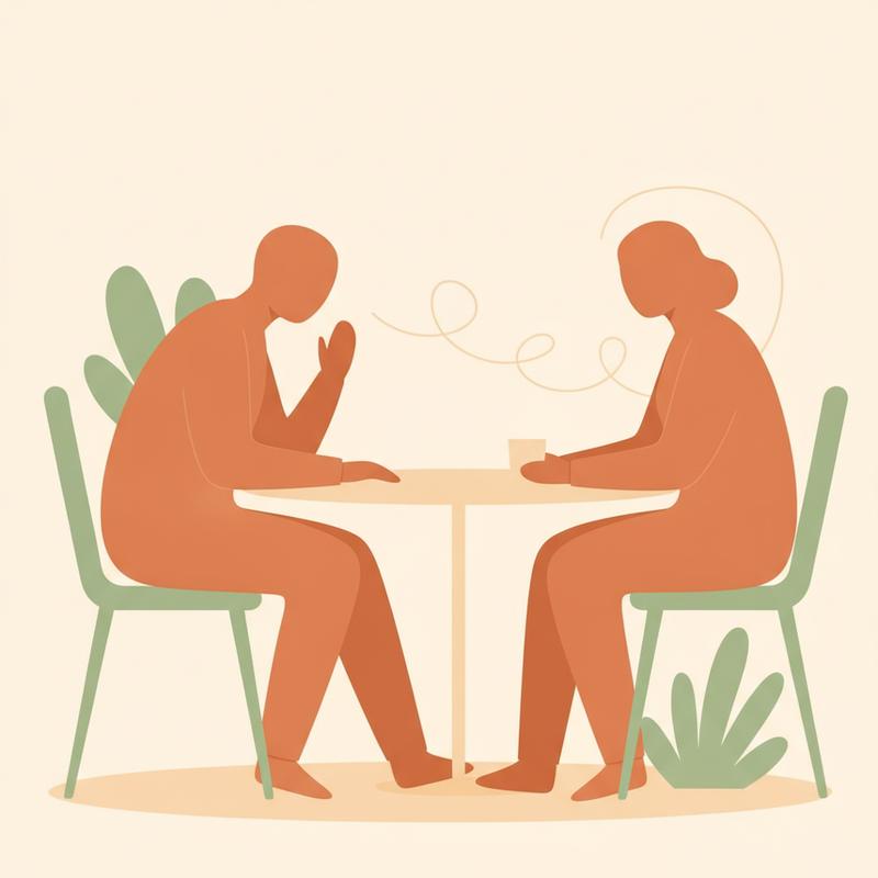 Warm illustration of two people at a table, one gesturing with an open hand in a listening posture